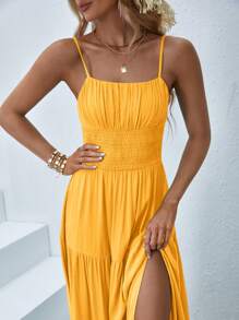 SHEIN VCAY Đầm Lộ Lưng phân lớp Dải chun màu trơn Boho - Màu vàng - Xem 6