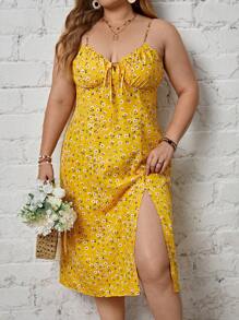 Dreamara Đầm Plus Size Thắt nút Dây kéo Tách cao Họa tiết hoa Boho - Màu vàng - Xem 3