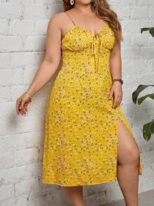 Dreamara Đầm Plus Size Thắt nút Dây kéo Tách cao Họa tiết hoa Boho - Màu vàng - Xem 4