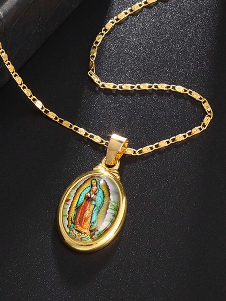 1入組時尚人像細節橢圓形吊飾項鍊適合男士日常裝飾 - 金黃色 - 查看 1