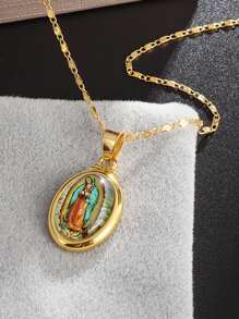 1入組時尚人像細節橢圓形吊飾項鍊適合男士日常裝飾 - 金黃色 - 查看 5