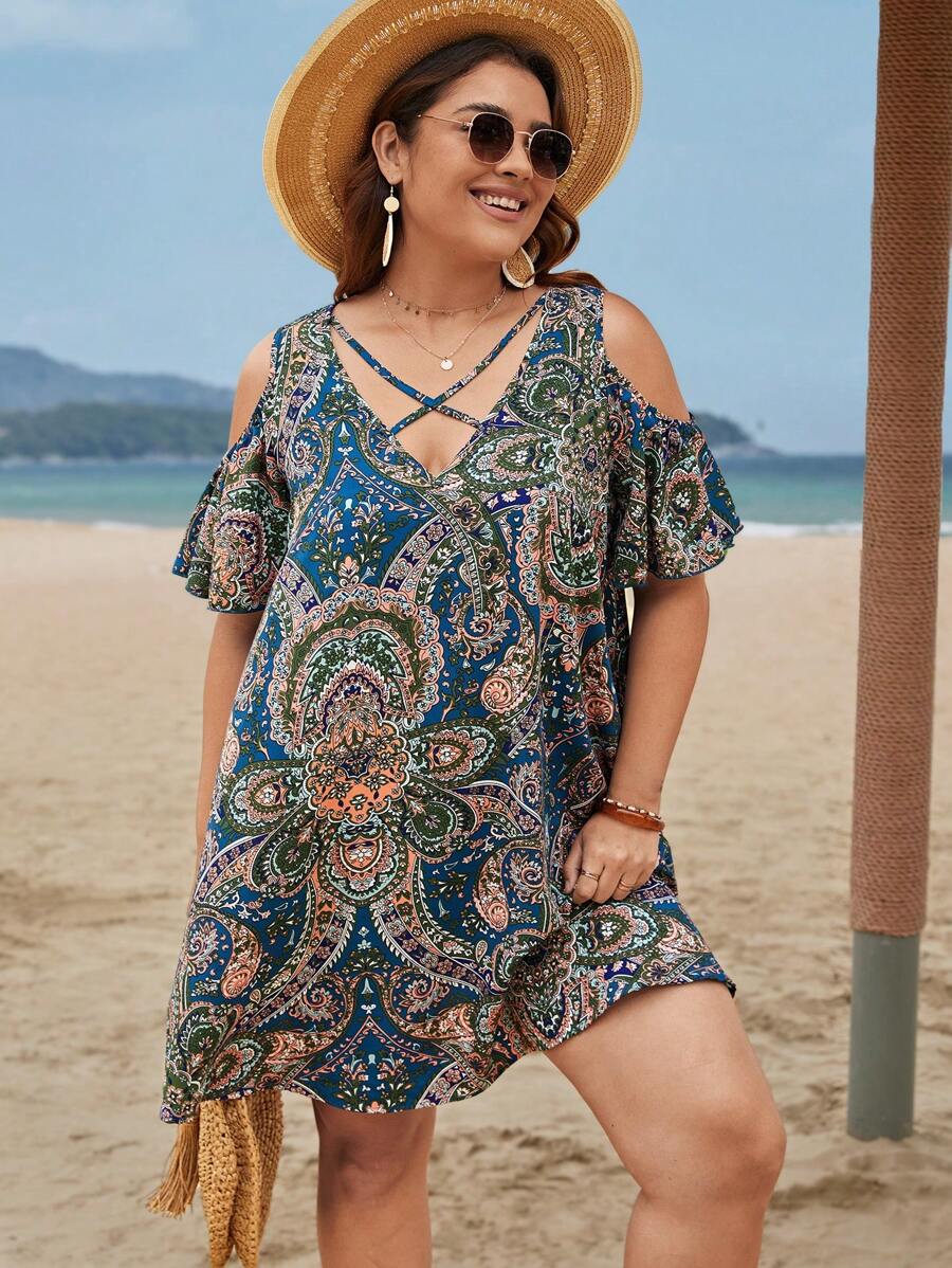 SHEIN VCAY 大碼佩斯利印花挖肩前交叉連衣裙 - 彩色 - 查看 1