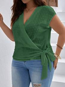 SHEIN VCAY Plus Swiss Dot Batwing Sleeve Knot Side Wrap Blouse - Green - View 5