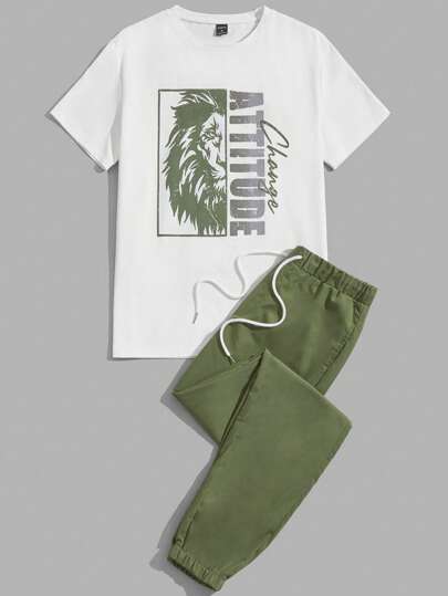 Guys Lion & Letter Graphic Tee & Drawstring Waist Pants