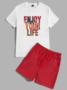 Manfinity VCAY Men Cotton Slogan Graphic Tee & Drawstring Waist Shorts - Red - View 1