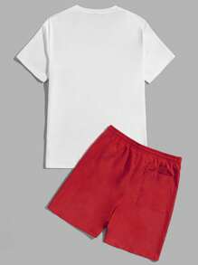 Manfinity VCAY Men Cotton Slogan Graphic Tee & Drawstring Waist Shorts - Red - View 2