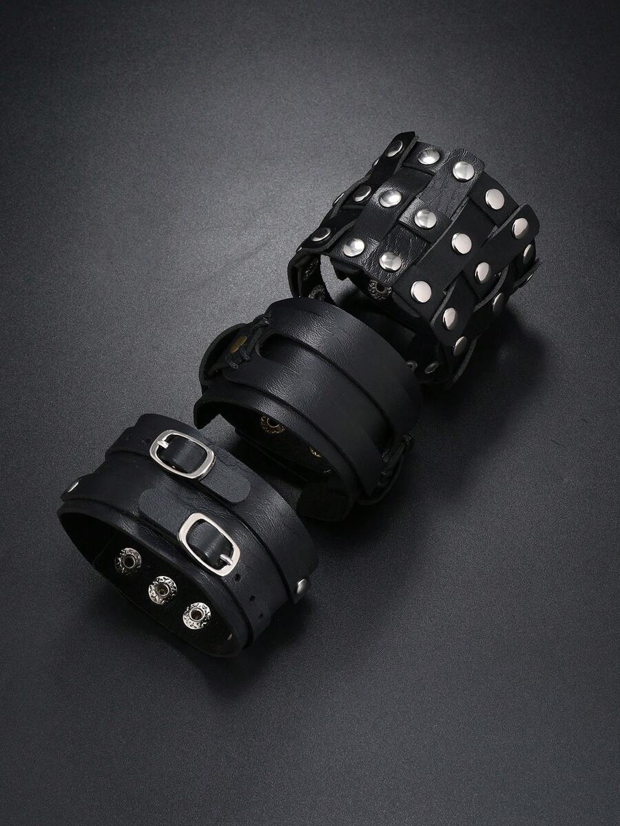 3入組/套龐克PU聚氨酯鉚釘裝飾手環適合男士日常裝飾 - 黑色 - 查看 1