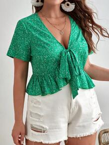 SHEIN VCAY Áo sơ mi Plus Size Viên lá sen Thắt nơ trước Họa tiết hoa Boho - màu xanh lá - Xem 4