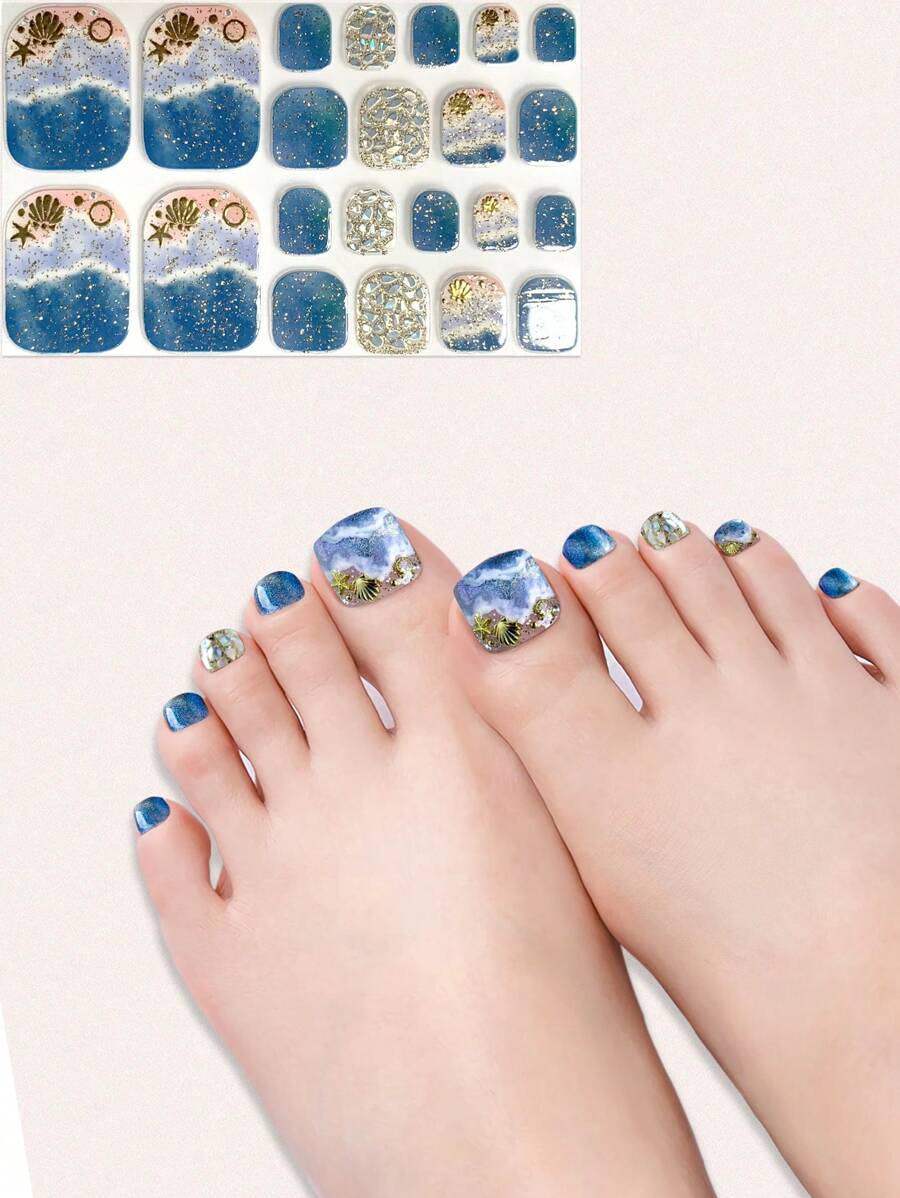 新款藍色海洋波浪設計22張足部美甲貼紙 - 彩色 - 查看 1