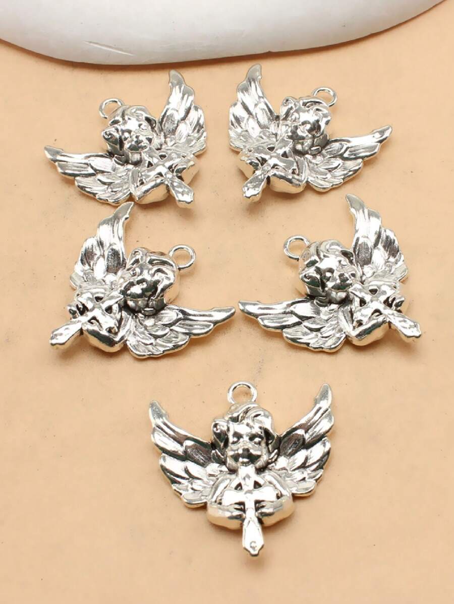 5入組/套復古天使形狀DIY吊墜適合女士DIY首飾製作 - 銀色 - 查看 1