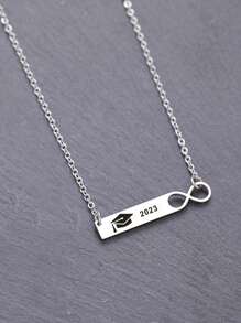 1入組時尚畢業帽和2023年圖案幾何吊墜女士項鍊適合日常裝飾 - 銀色 - 查看 3