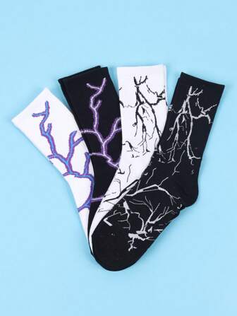 4 pares de calcetines de tripulación con estampado de relámpago para hombres, calcetines de otoño