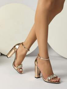 Spring/Summer Women's Fashion Rhinestone Buckle Vacation Strappy Chunky Heel Party High Heel Sandals, Comfort Elegant Roman Style - Champagne - View 6