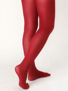 1pair Women's Solid Red Pantyhose, Simple & Elegant, Basic Tights, Cozy - Red - View 5