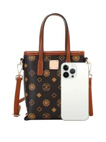 CORALDAISY 2023新款迷你方包滿版圖案棕色優雅,多用途水桶包圖案大容量單肩包斜挎包移動包女士包 - 咖啡棕 - 查看 3