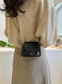Mini Saddle Bag Crocodile Embossed Chain Strap - Black - View 1