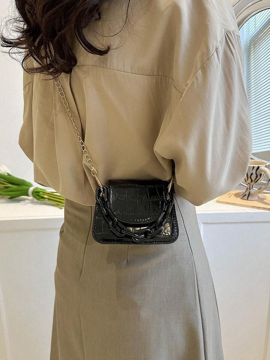 Mini Saddle Bag Crocodile Embossed Chain Strap - Black - View 1