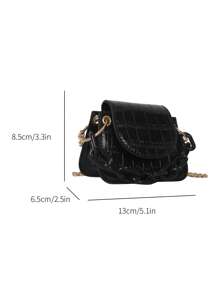 Mini Saddle Bag Crocodile Embossed Chain Strap - Black - View 3