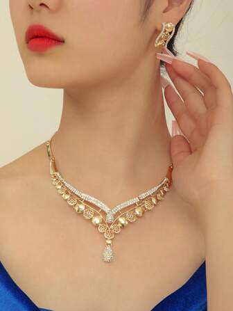 3 st/set Glamorös Rhinestone Dekor V-formad smyckeset för kvinnor för bankettsmycken