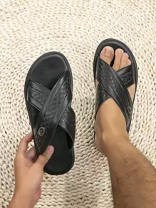 男士時尚黑色交叉拖鞋 - 黑色 - 查看 1