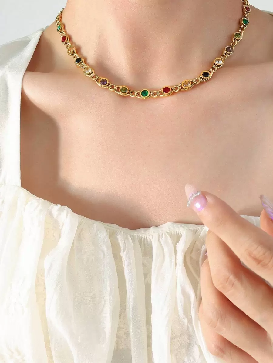1Pc Thái-Phong Cách Không Phổ Biến Ins Thời Trang Nhiều Màu Sắc Đính Đá Cubic Zirconia Chia Dây Chuyền Vòng Cổ Tỳ Hưu Thạch Anh - Nhiều màu - Xem 1