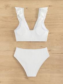 Ruffle Trim Bikini Set For Summer Beach - White - View 4