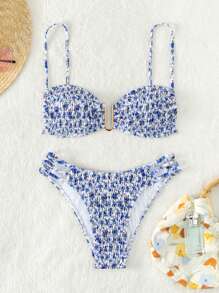 SHEIN Swim 碎花打褶比基尼泳裝 - 彩色 - 查看 1