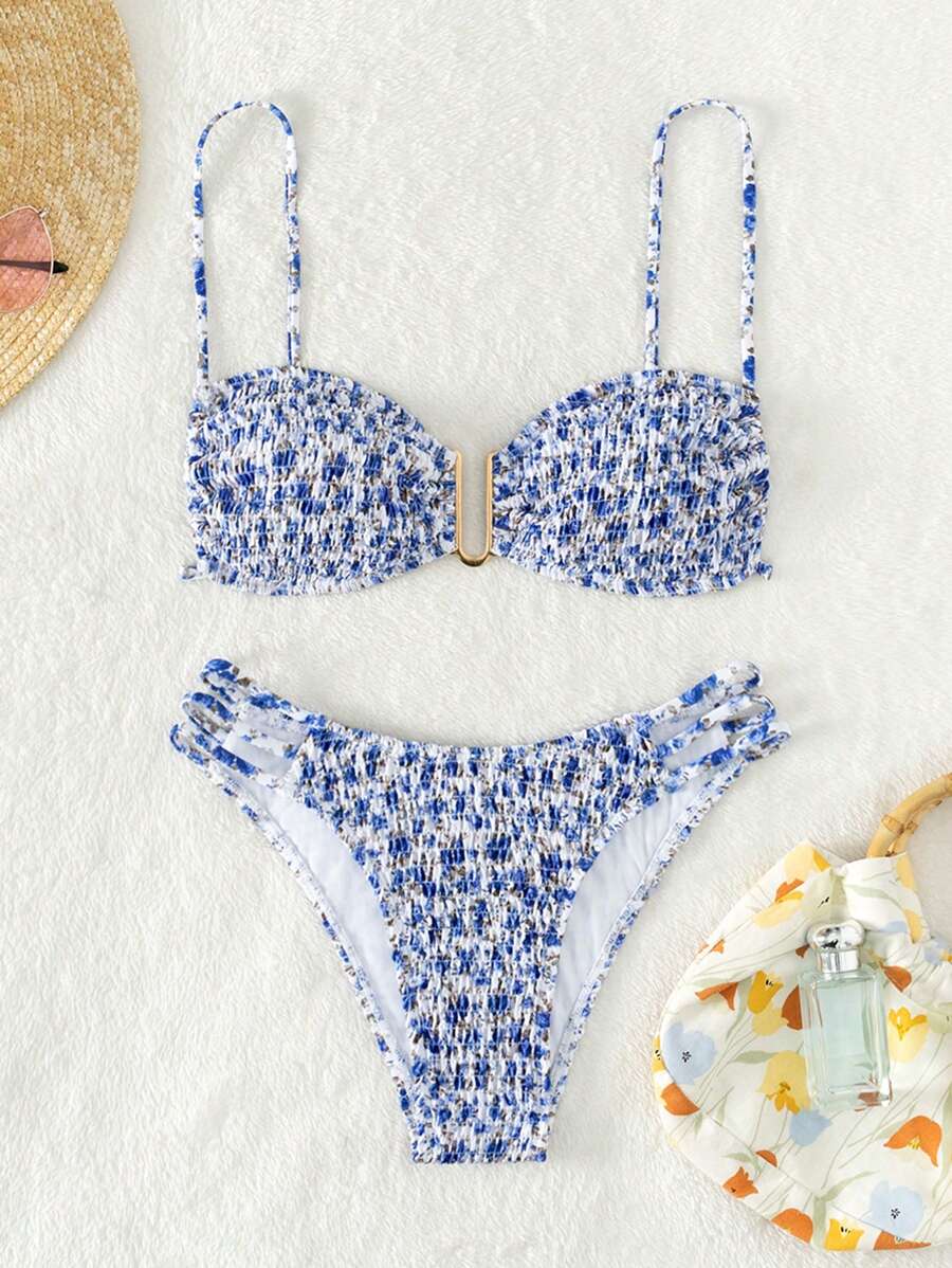 SHEIN Swim 碎花打褶比基尼泳裝 - 彩色 - 查看 1