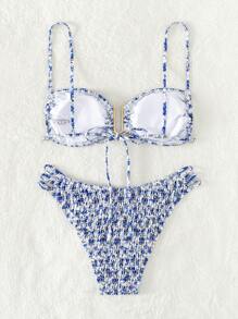 SHEIN Swim 碎花打褶比基尼泳裝 - 彩色 - 查看 2