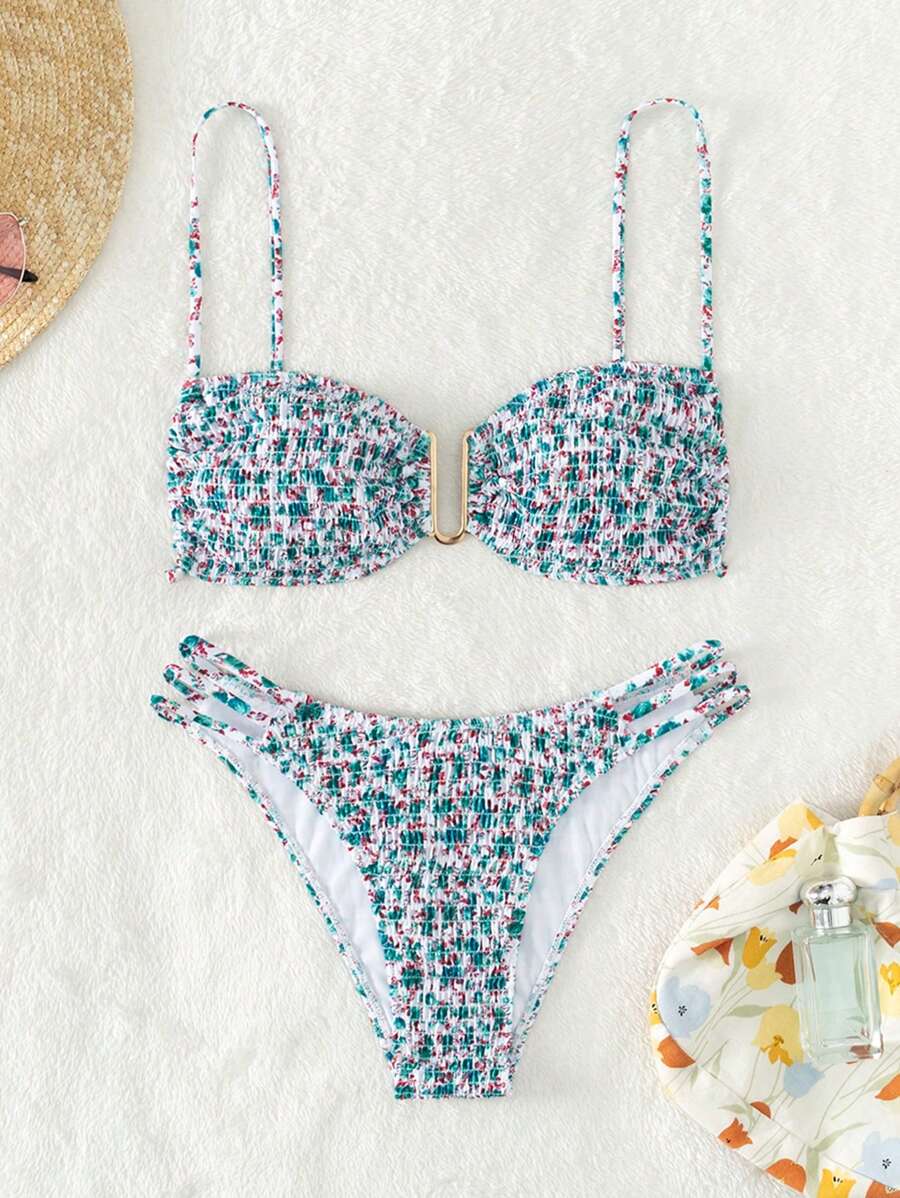 Summer Ditsy Floral Print Smocked Bikini Set - Multicolor - View 1