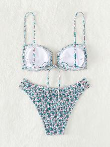 Summer Ditsy Floral Print Smocked Bikini Set - Multicolor - View 2