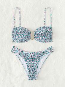 Summer Ditsy Floral Print Smocked Bikini Set - Multicolor - View 5
