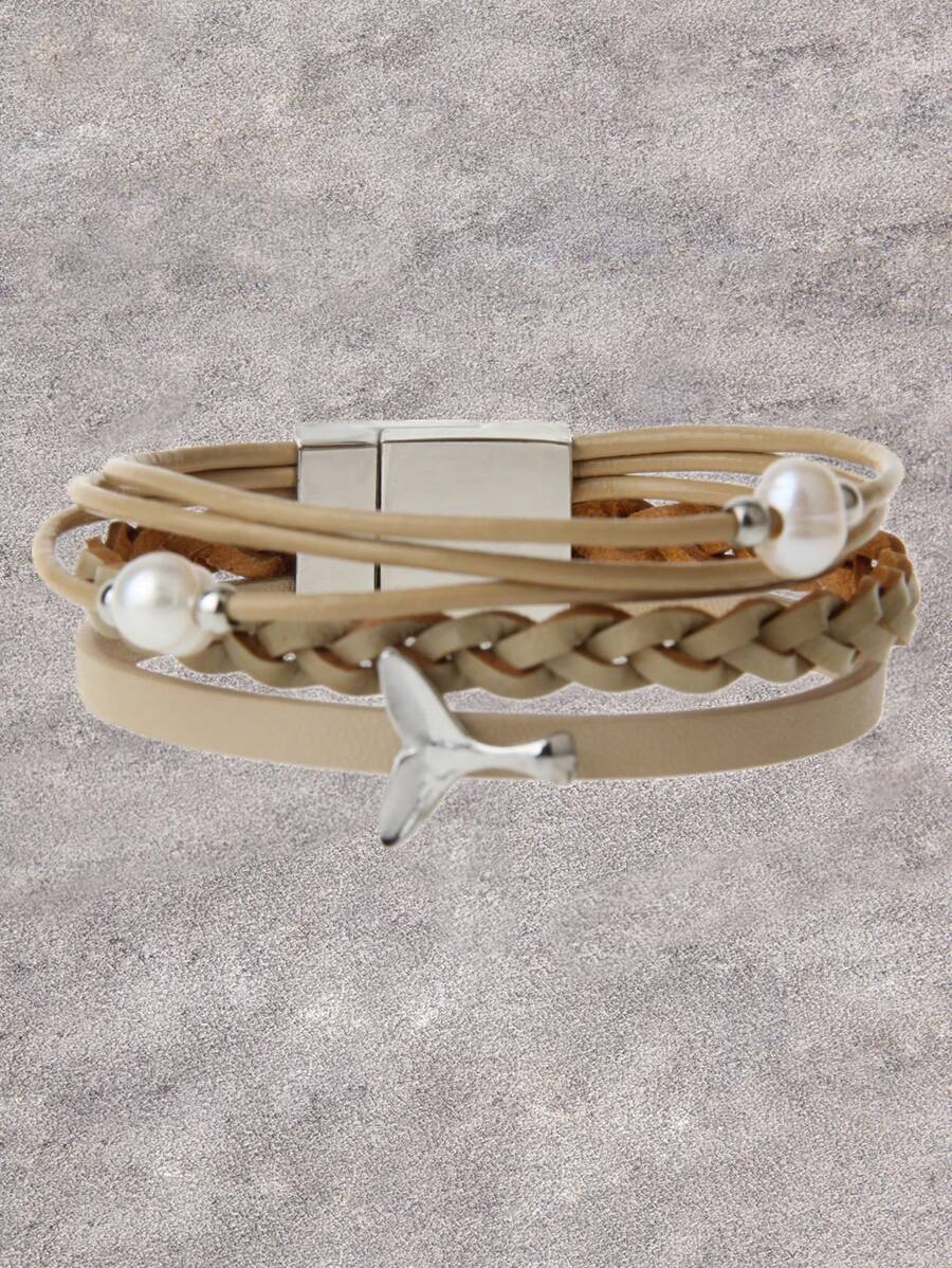 1入組波西米亞鋅合金魚尾和人造珍珠裝飾磁性分層手鏈適合女士日常裝飾 - 卡其色 - 查看 1