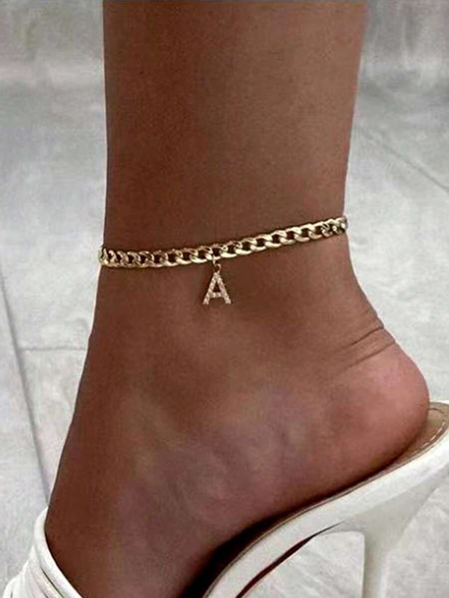 1入組時尚不銹鋼方晶鋯石字母墜飾腳錬適合女士日常裝飾 - 金黃色 - 查看 1