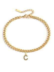 1入組時尚不銹鋼方晶鋯石字母墜飾腳錬適合女士日常裝飾 - 金黃色 - 查看 3