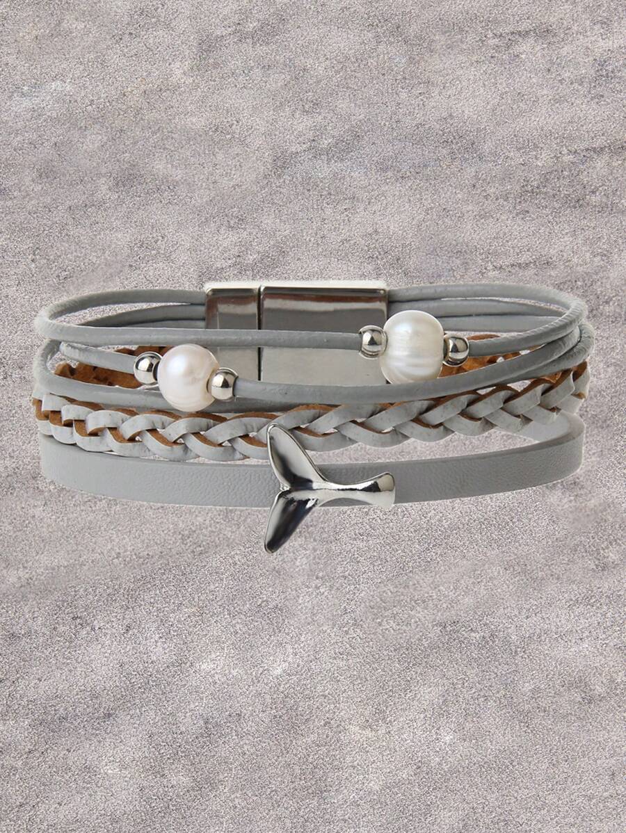 1 Boho Hợp Kim Kẽm Bện Chi Tiết Ngọc Trai Giả Trang Trí Vòng Tay Cho Nữ Trang Trí Hàng Ngày - Xám - Xem 1