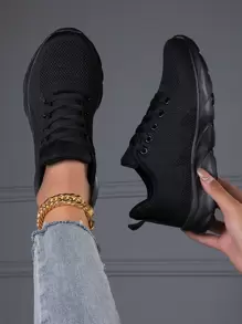 Sporty Running Shoes For Women, Lace-up Front Sneakers - Black - View 1