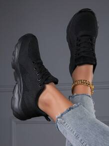 Sporty Running Shoes For Women, Lace-up Front Sneakers - Black - View 3