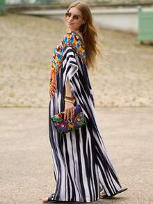 Striped Print Split Thigh Lounge Wear Caftan House Dress - Multicolor - View 4
