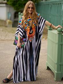 Striped Print Split Thigh Lounge Wear Caftan House Dress - Multicolor - View 5