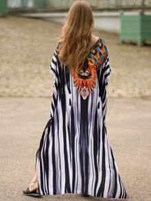 Striped Print Split Thigh Lounge Wear Caftan House Dress - Multicolor - View 6
