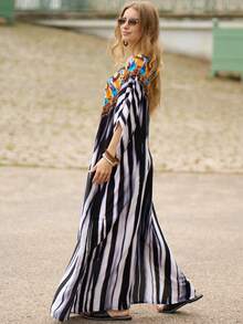 Striped Print Split Thigh Lounge Wear Caftan House Dress - Multicolor - View 7