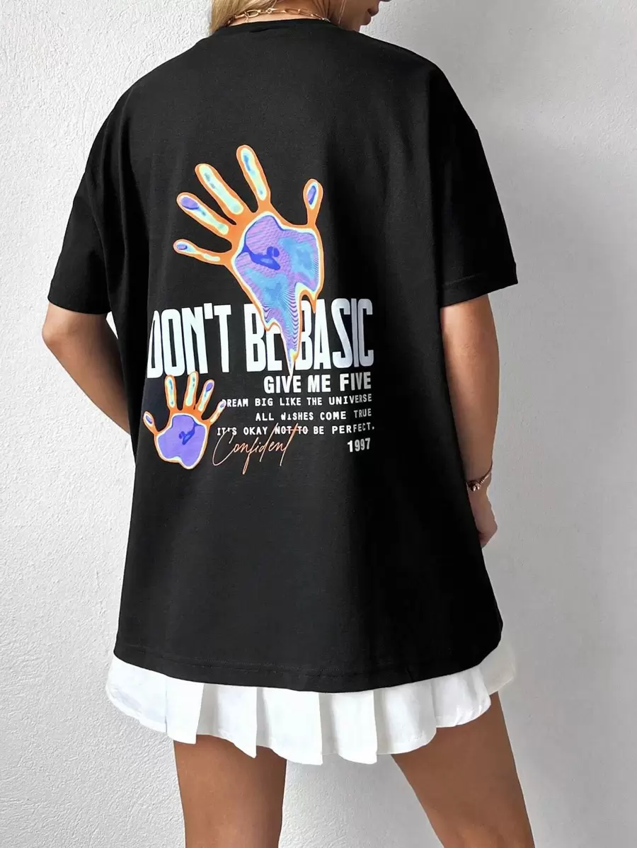 RueChic Hand & Slogan Graphic Drop Shoulder Tee