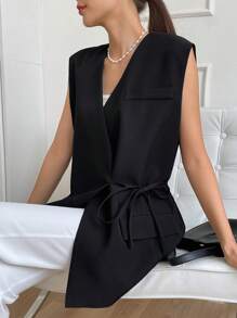 DAZY Solid Belted Vest Blazer - Black - View 4