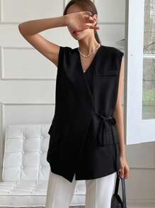 DAZY Solid Belted Vest Blazer - Black - View 5