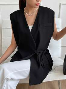 DAZY Solid Belted Vest Blazer - Black - View 6