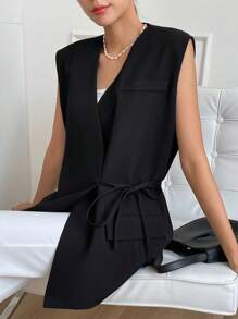 DAZY Solid Belted Vest Blazer - Black - View 8