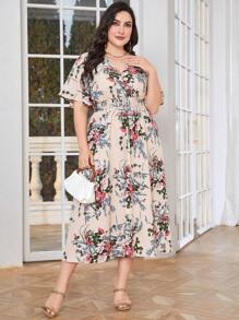 Mulvari Women Plus Floral Print V Neck Dress, Summer Outfit