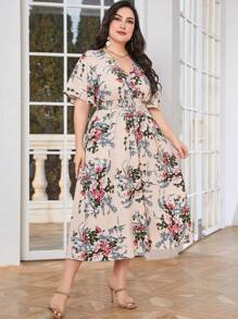 Mulvari Women Plus Floral Print V Neck Dress, Summer Outfit