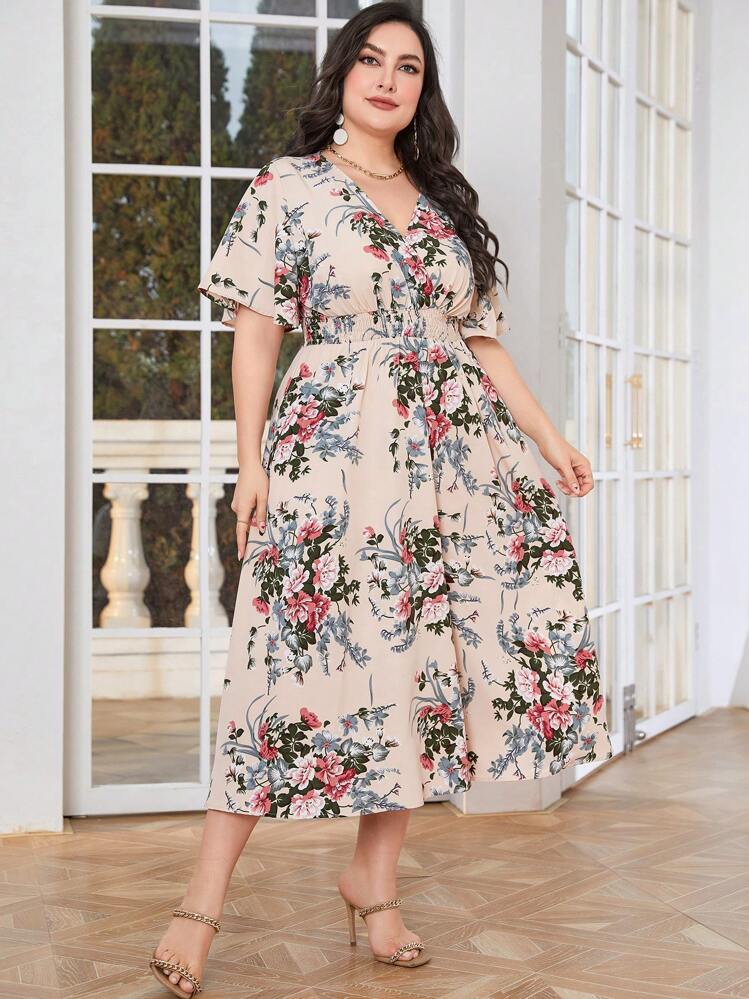 Modelyn Women Plus Floral Print V Neck Dress, Summer Outfit - Apricot - View 5